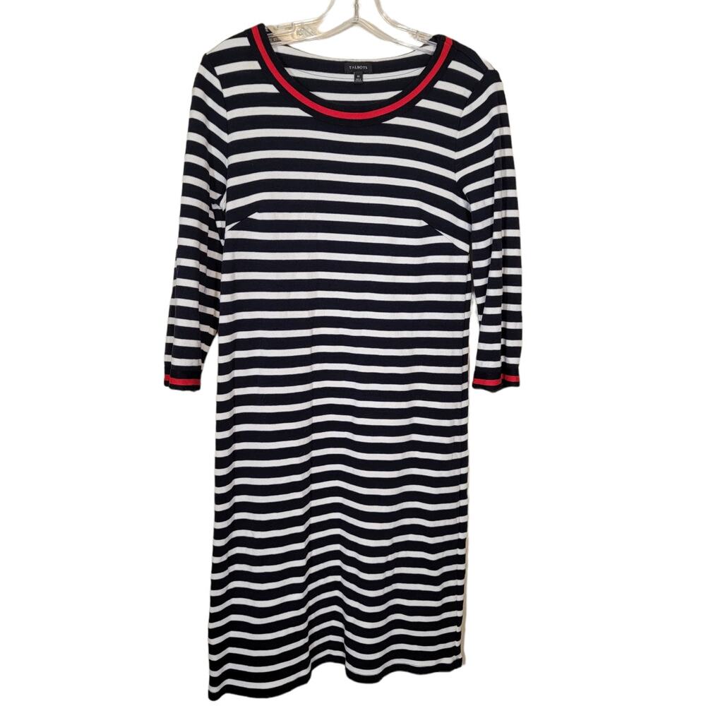 Talbots Striped Jersey Knit Dress Blue and White Striped Size Medium Nautical - Picture 1 of 6